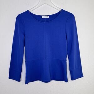Kettlewell Women Ada Ponte Top Size Small Blue Peplum Tulip Cuff Office Capsule‎